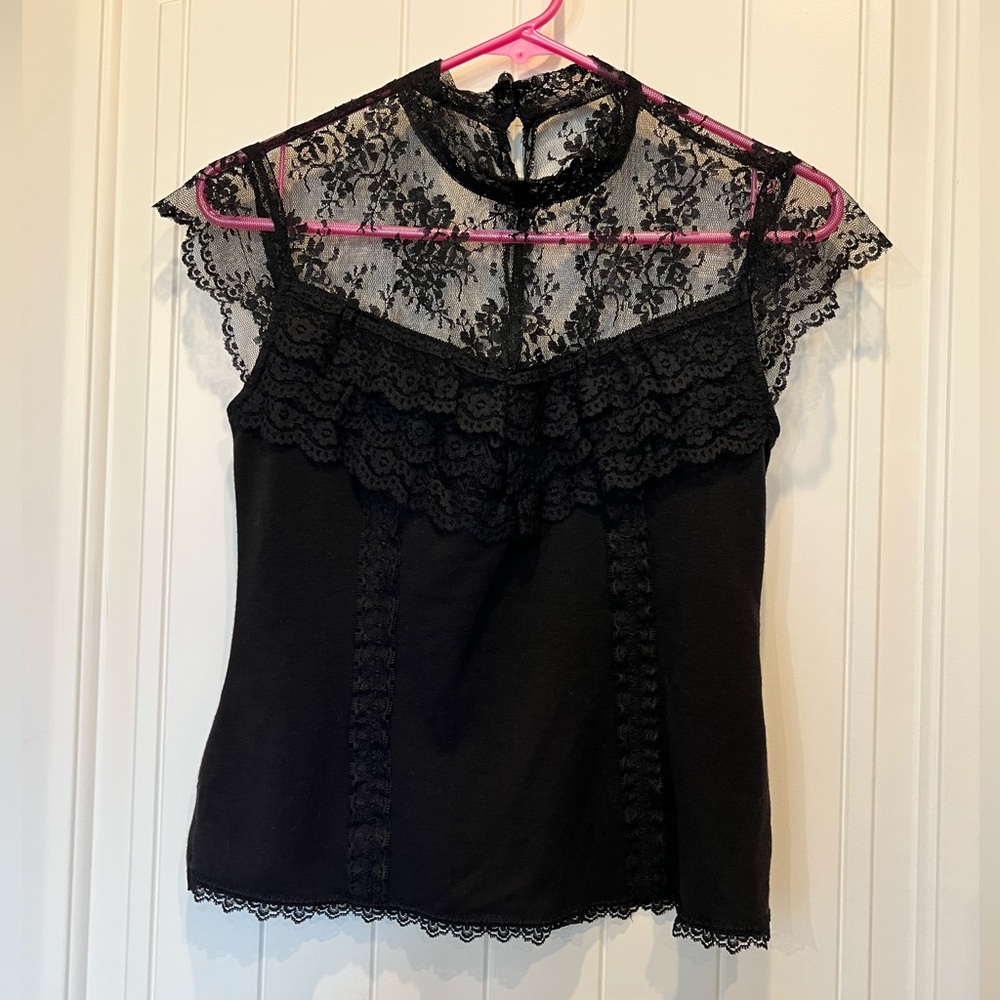 Y2K 90’s Black Ruffle & Lace Cap Sleeve Top Sz Small Maurices NWT